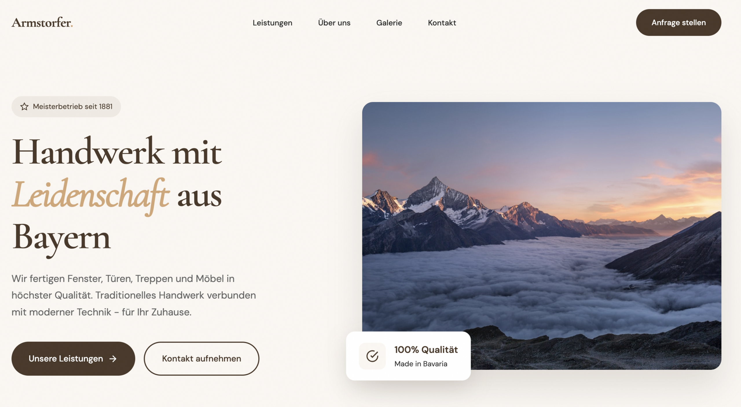 Webdesign für Handwerksbetrieb Armstorfer aus Bayern – Startseite mit Bergpanorama und Navigation