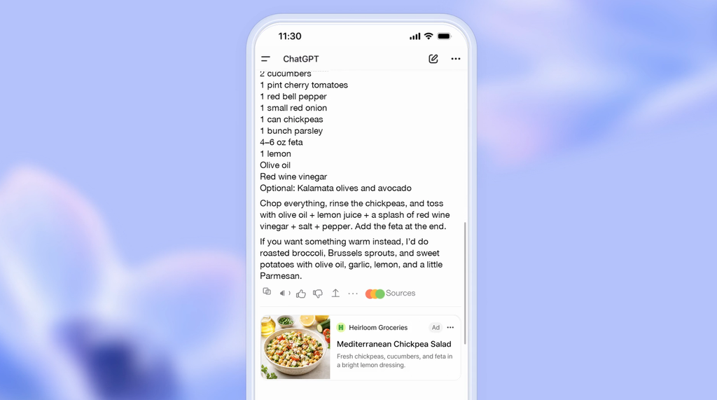 Gesponserte Anzeige in einer ChatGPT-Konversation, gekennzeichnet als Werbung