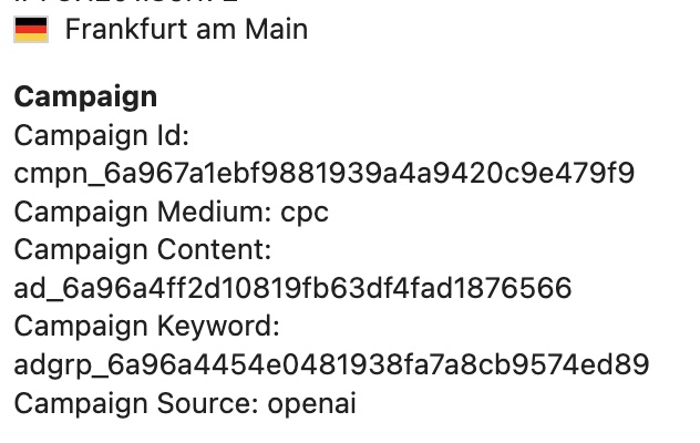Besucherprotokoll mit Kampagnendaten eines OpenAI Ads Klicks: Campaign Source openai, Medium cpc, Campaign Id cmpn, Content ad und Keyword adgrp