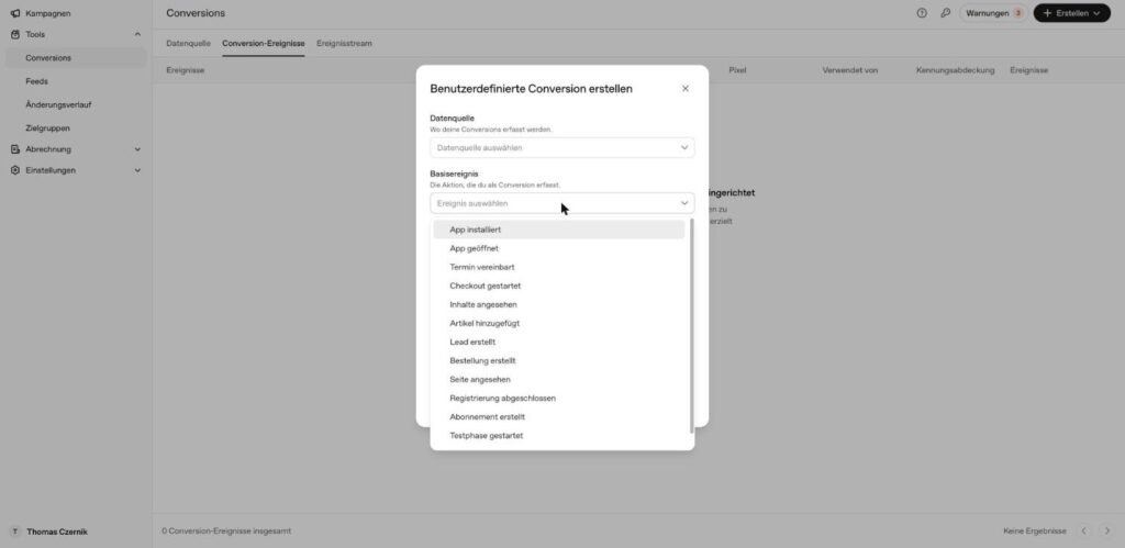 Auswahlliste der Basisereignisse im OpenAI Ads Manager auf Deutsch, von Termin vereinbart bis Testphase gestartet