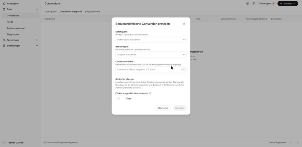 Dialog Benutzerdefinierte Conversion erstellen mit Datenquelle, Basisereignis, Conversion-Name und Click-through-Attributionsfenster