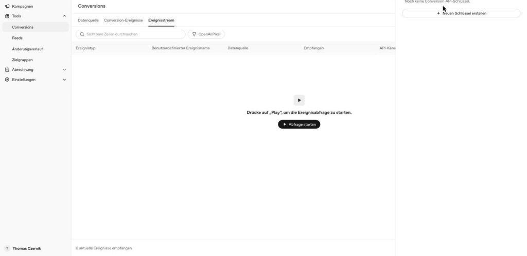 Seitenpanel Conversion-Schluessel im OpenAI Ads Manager zum Erstellen eines Conversions-API-Schluessels