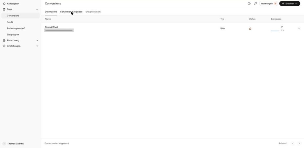 OpenAI Ads Manager: Datenquelle mit angelegtem OpenAI Pixel unter Tools und Conversions