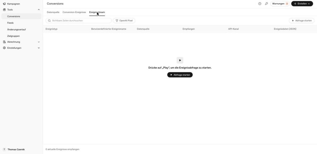Ereignisstream im OpenAI Ads Manager mit Abfrage starten zum Live-Debugging eingehender Conversion-Ereignisse