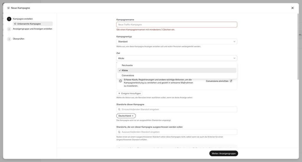 Kampagnenziel-Auswahl im OpenAI Ads Manager mit den Optionen Reichweite, Klicks und Conversions