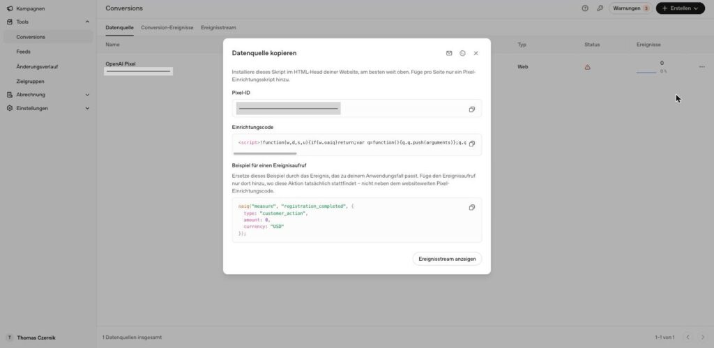 Dialog Datenquelle kopieren im OpenAI Ads Manager mit Pixel-ID, Einrichtungscode und Beispiel fuer einen Ereignisaufruf