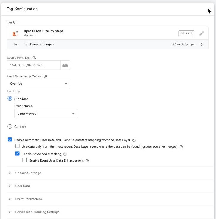 Tag-Konfiguration des OpenAI Ads Pixel by Stape im Google Tag Manager mit Pixel-ID, Event Name Setup Method und dataLayer-Mapping