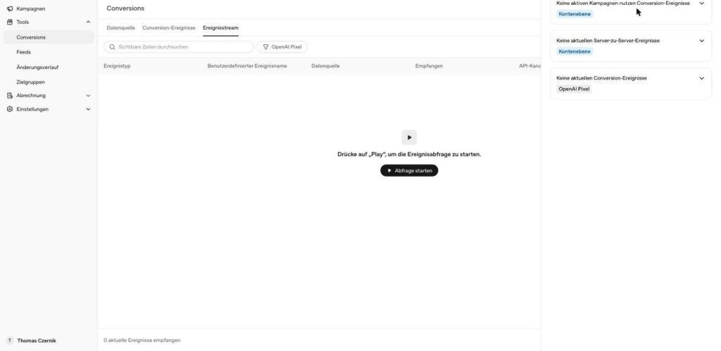 Warnhinweise im OpenAI Ads Manager zu fehlenden Conversion-Ereignissen und fehlenden Server-zu-Server-Ereignissen
