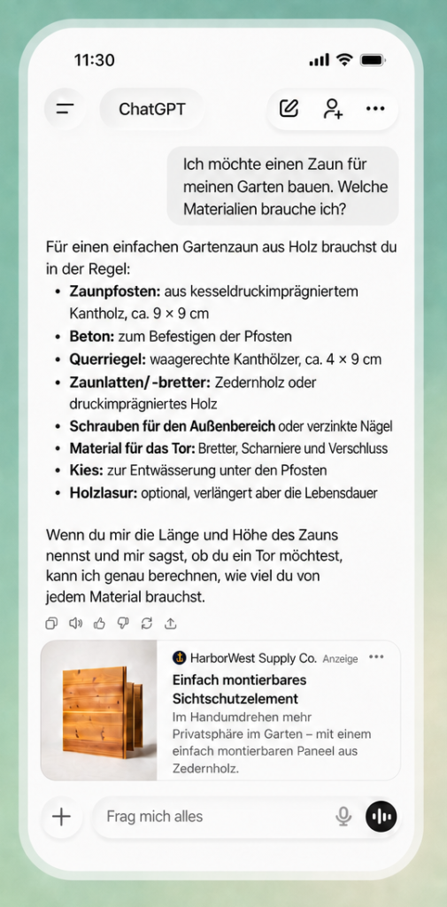 ChatGPT-Antwort zur Frage nach Material für einen Gartenzaun, darunter eine gekennzeichnete Anzeige für ein Sichtschutzelement