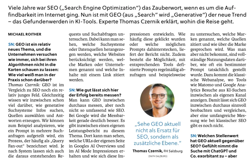 Ausschnitt aus dem Interview mit Thomas Czernik in der SN-Beilage Kommunikation & Werbung: Vorspann, erste Fragen und Porträt mit Zitat